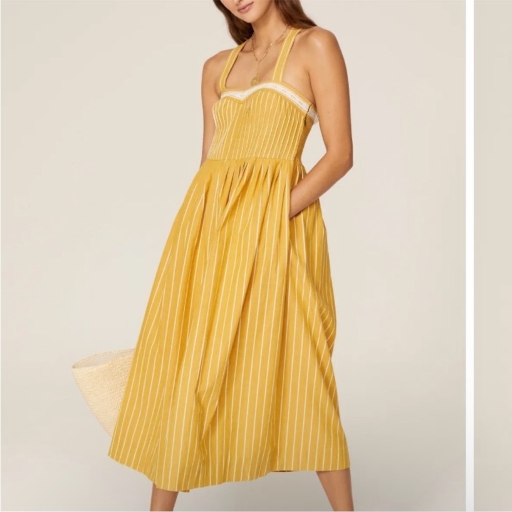 The Great‎ Laurel Yellow White Striped Midi Dress Women’s Size Small Pintuck